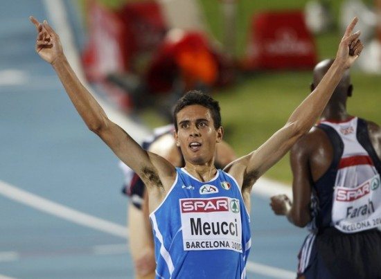 Italy's Meucci celebrates bronze medal in the 10000 metres men final at the European Athletics Championships in Barcelona