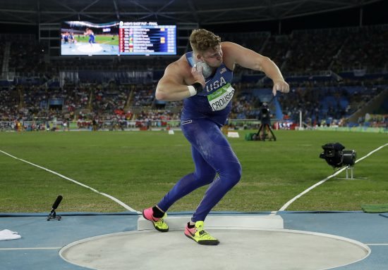 United States' Ryan Crouser makes an attempt in the men's shot put final during the athletics competitions of the 2016 Summer Olympics at the Olympic stadium in Rio de Janeiro, Brazil, Thursday, Aug. 18, 2016. (AP Photo/Matt Slocum)