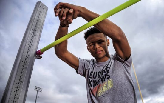 Yukon High School senior high jumper Vernon Turner  poses for a photo at the school in Yukon, Okla., on Wednesday, March 29, 2017. Turner is the state record-holder in the high jump at 7 feet, 5 inches.  Photo by Chris Landsberger, The Oklahoman