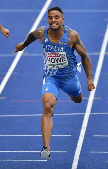Italy's Andrew Howe crosses the line of a men's 200-meter heat at the European Athletics Championships in Berlin, Germany, Wednesday, Aug. 8, 2018. (ANSA/AP Photo/Martin Meissner) [CopyrightNotice: Copyright 2018 The Associated Press. All rights reserved]