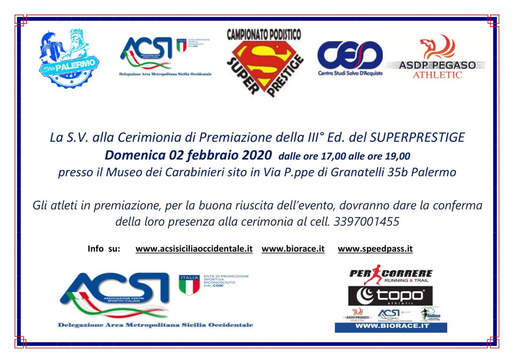 Domenica 02 febbraio 2020 a Palermo la cerimonia di premiazione della terza edizione SuperPrestige ACSI S.O.