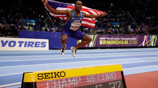 United States' Christian Coleman celebrates after winning the gold medal and setting a new championship record in the men's 60 meters race at the World Athletics Indoor Championships in Birmingham, Britain, Saturday, March 3, 2018. (AP Photo/Matt Dunham)