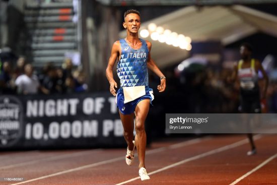 LONDON, ENGLAND - JULY 06: Yemaneberhan Crippa of Italy celebrates winning the Men's European 10,000m Cup race during the 2019 Night of the 10,000m Pbs at the Parliament Hill Athletics Track on July 06, 2019 in London, England. (Photo by Bryn Lennon/Getty Images)