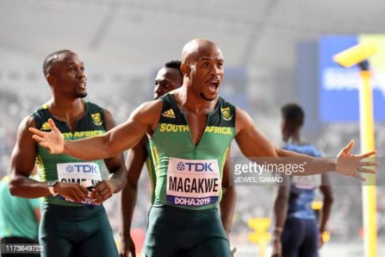 TOPSHOT - South Africa's  Simon Magakwe reacts after competing in the Men's 4x100m Relay heats at the 2019 IAAF Athletics World Championships at the Khalifa International stadium in Doha on October 4, 2019. (Photo by Jewel SAMAD / AFP) (Photo by JEWEL SAMAD/AFP via Getty Images)