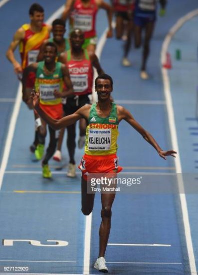 BIRMINGHAM, ENGLAND - MARCH 04: Yomif Kejelcha of Ethiopia wins the Men's 3000m Final during Day Four of the IAAF World Indoor Championships at Arena Birmingham on March 4, 2018 in Birmingham, England. (Photo by Tony Marshall/Getty Images)