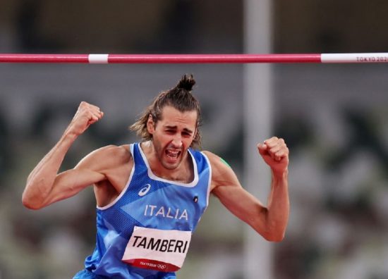 TOKYO, JAPAN - AUGUST 01: Gianmarco Tamberi of Team Italy reacts during the Men's High Jump Final on day nine of the Tokyo 2020 Olympic Games at Olympic Stadium on August 01, 2021 in Tokyo, Japan. (Photo by David Ramos/Getty Images)