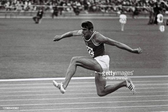 MEXICO CITY, MEXICO - OCTOBER 17: Viktor Saneyev of the Soviet Union competes in the Athletics Men's Triple Jump during the Mexico City Summer Olympic Games at Estadio Olimpico Universitario on October 17, 1968 in Mexico City, Mexico. (Photo by The Asahi Shimbun via Getty Images)