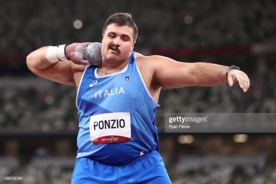 TOKYO, JAPAN - AUGUST 03: Nick Ponzio of Team Italy competes in the Men's Shot Put qualification on day eleven of the Tokyo 2020 Olympic Games at Olympic Stadium on August 03, 2021 in Tokyo, Japan. (Photo by Ryan Pierse/Getty Images)