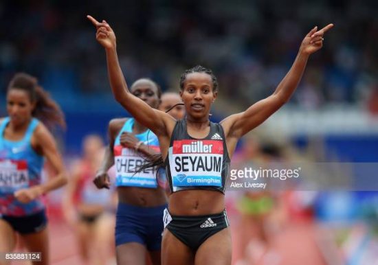 BIRMINGHAM, ENGLAND - AUGUST 20: Dawit Seyaum of Ethiopia wins the Women's 1500m race during the Muller Grand Prix Birmingham meeting at Alexander Stadium on August 20, 2017 in Birmingham, United Kingdom. (Photo by Alex Livesey/Getty Images)