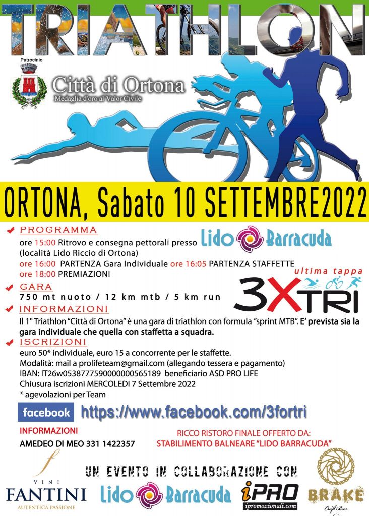Il Triathlon Città di Ortona sabato 10 settembre, epilogo del circuito 3-For-Tri