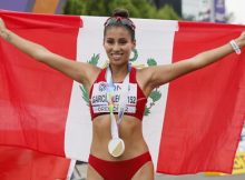 epa10086589 Kimberly Garcia Leon of Peru celebrates after winning the women's 35km Race Walk at the World Athletics Championships Oregon22 at Hayward Field in Eugene, Oregon, USA, 22 July 2022.  EPA/Etienne Laurent