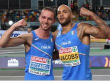 epa10503283 Winner Samuele Ceccarelli of Italy and second placed Lamont Marcell Jacobs of Italy celebrate after the Men's 60m final at the European Athletics Indoor Championships in Istanbul, Turkey, 04 March 2023.  EPA/Tolga Bozoglu